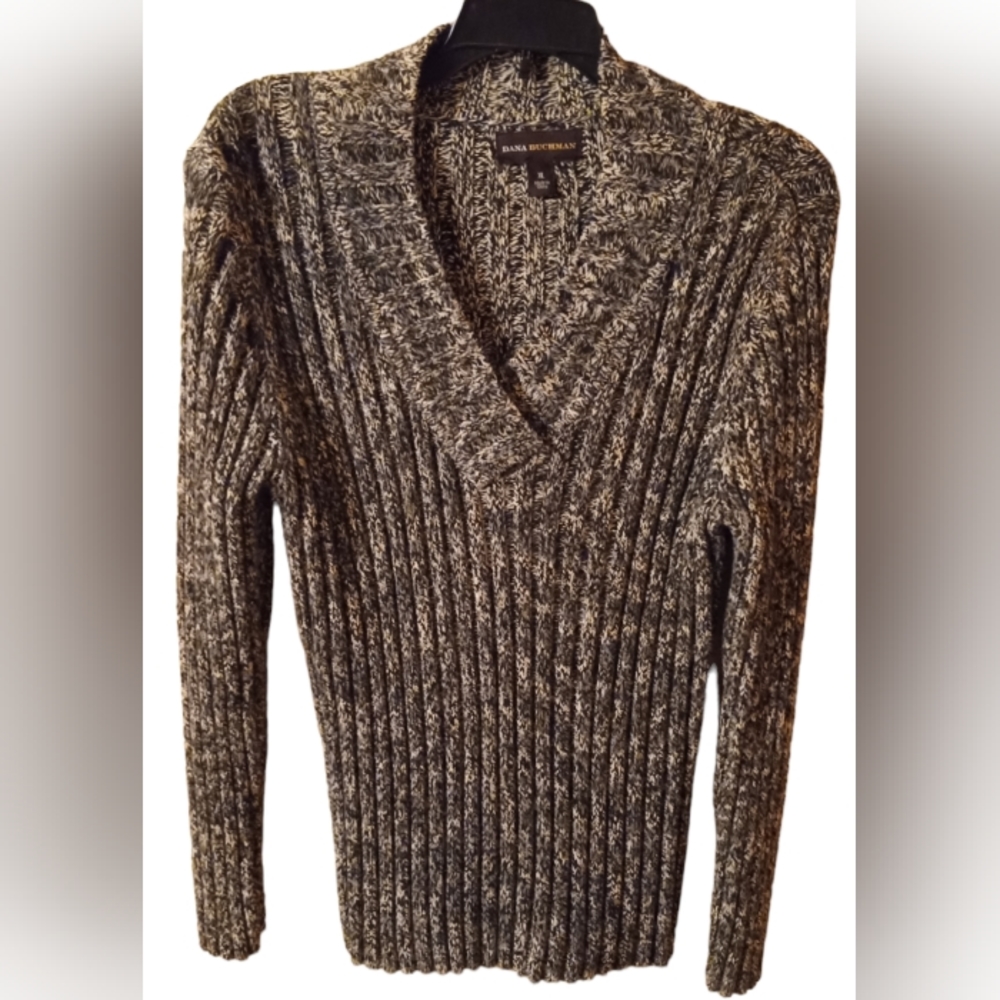 Dana Buchman Women's Size XL Striped Ribbed Pattern Blk, Gray, & Cream Sweater
